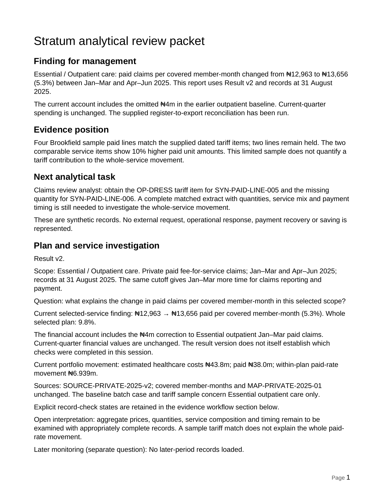 First page of the genuine fictional HMO review packet exported by Stratum Walkthrough v0.7.1.